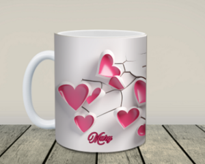 Pink hearts 3D cracked effect mug, personalized. Custom love mug with name, 11 oz ceramic. Romantic pink heart pattern coffee cup. 